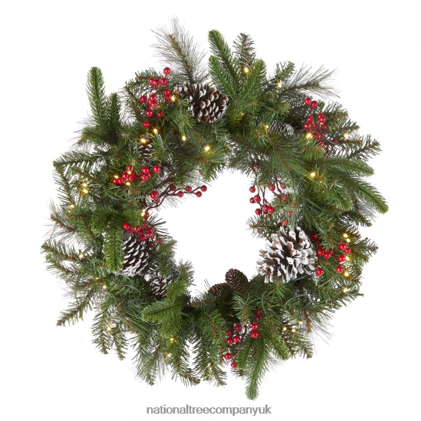 Greenery | National Tree Company Pre-Lit Artificial Christmas Wreath Green Bristle Berry Pine White Lights Decorated with Frosted Branches Pine Cones Berry Clusters Christmas Collection 24 Inc